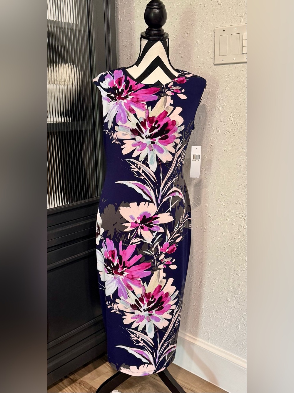 London Times Navy Midi Dress with Pink & White Floral Print